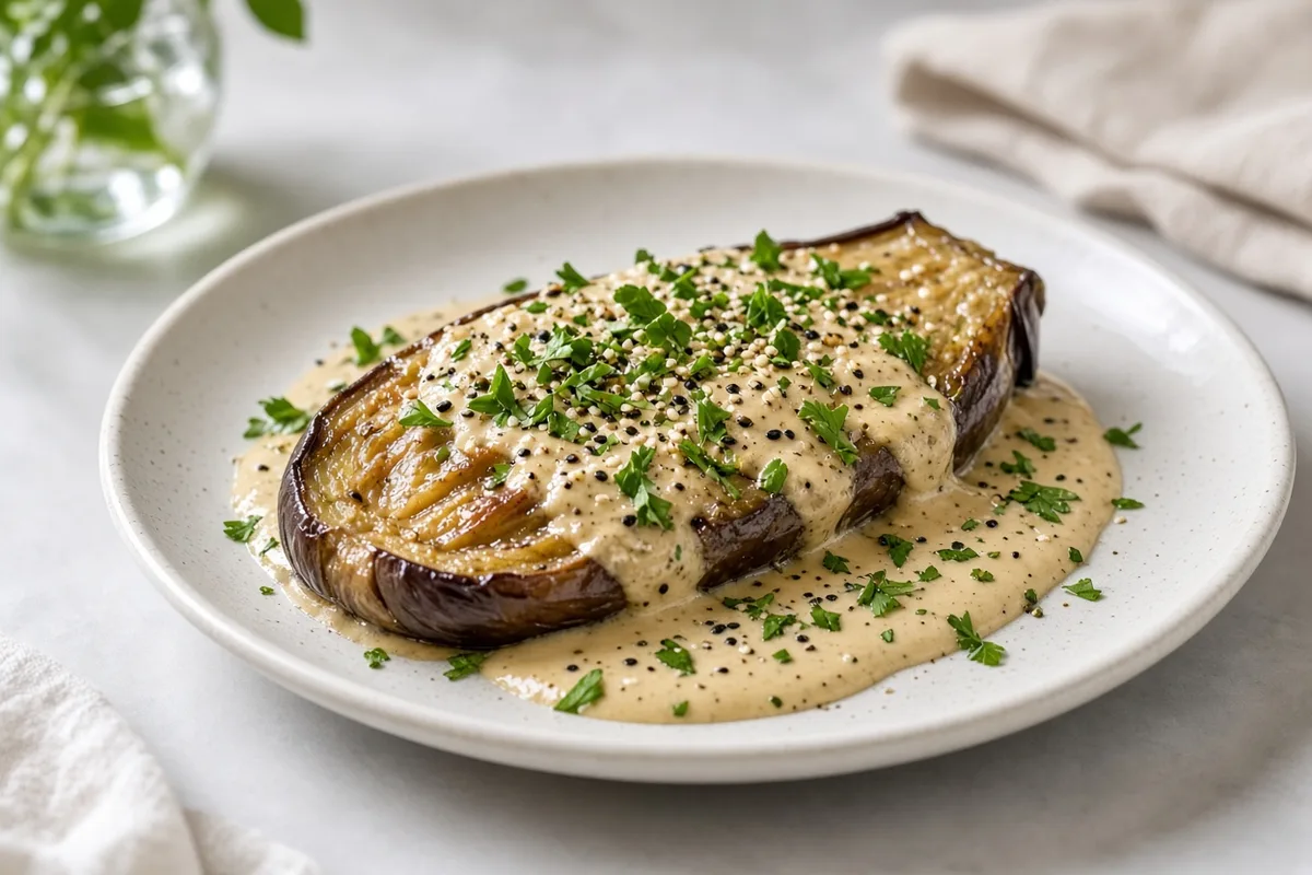 Plat : Aubergine fondante sauce tahini