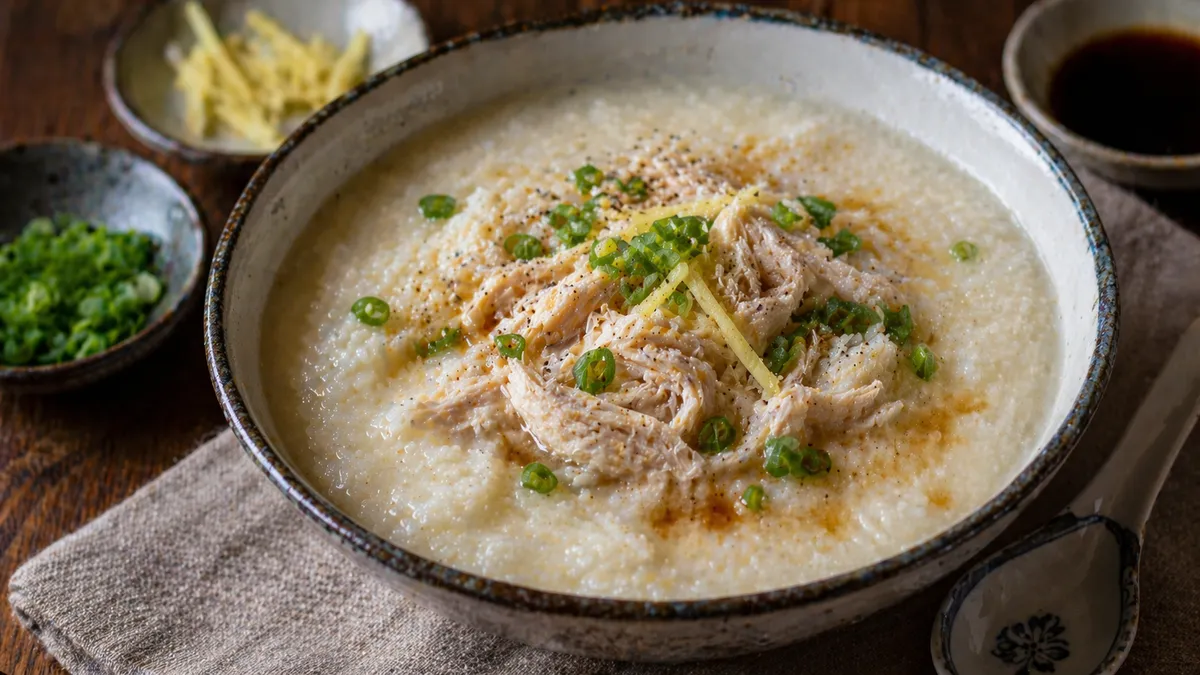 Plat : Congee (bouillie de riz) au poulet
