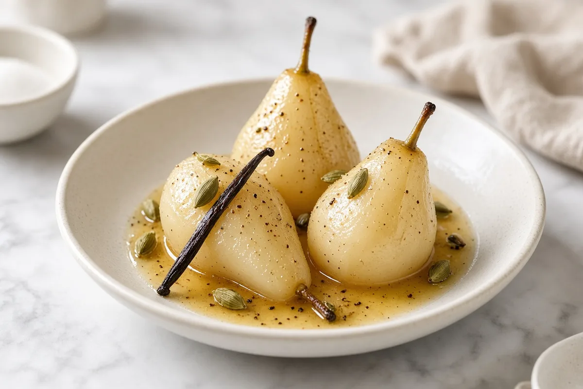 Poires pochées sous vide vanille-cardamome