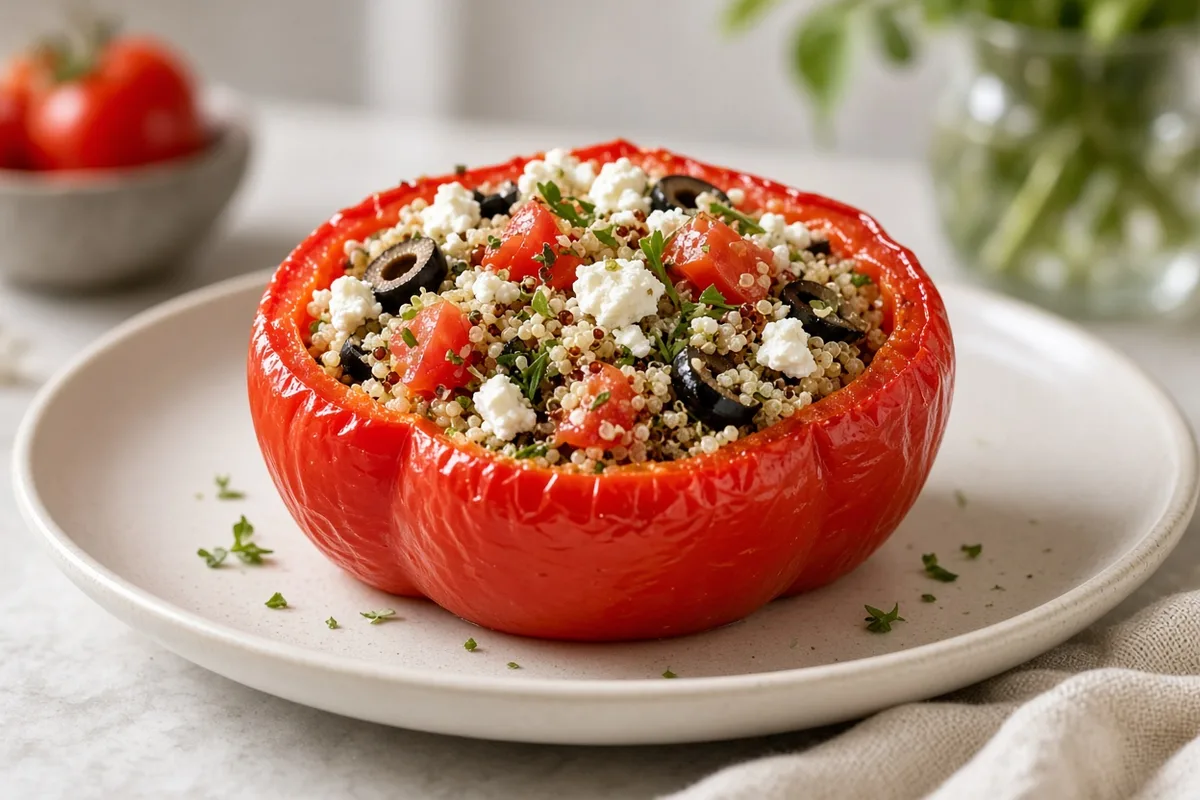 Plat : Poivron farci quinoa-feta au micro-ondes