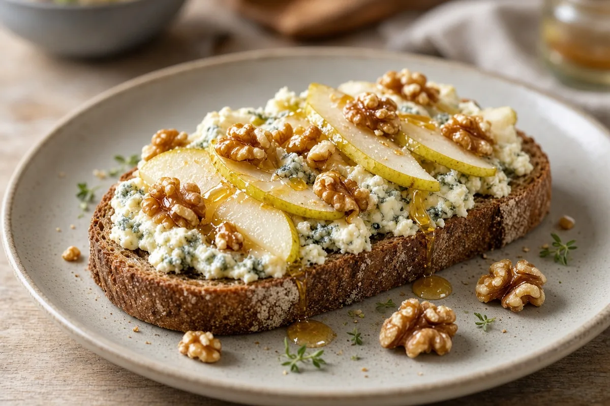Plat : Tartine bleu-poire-noix