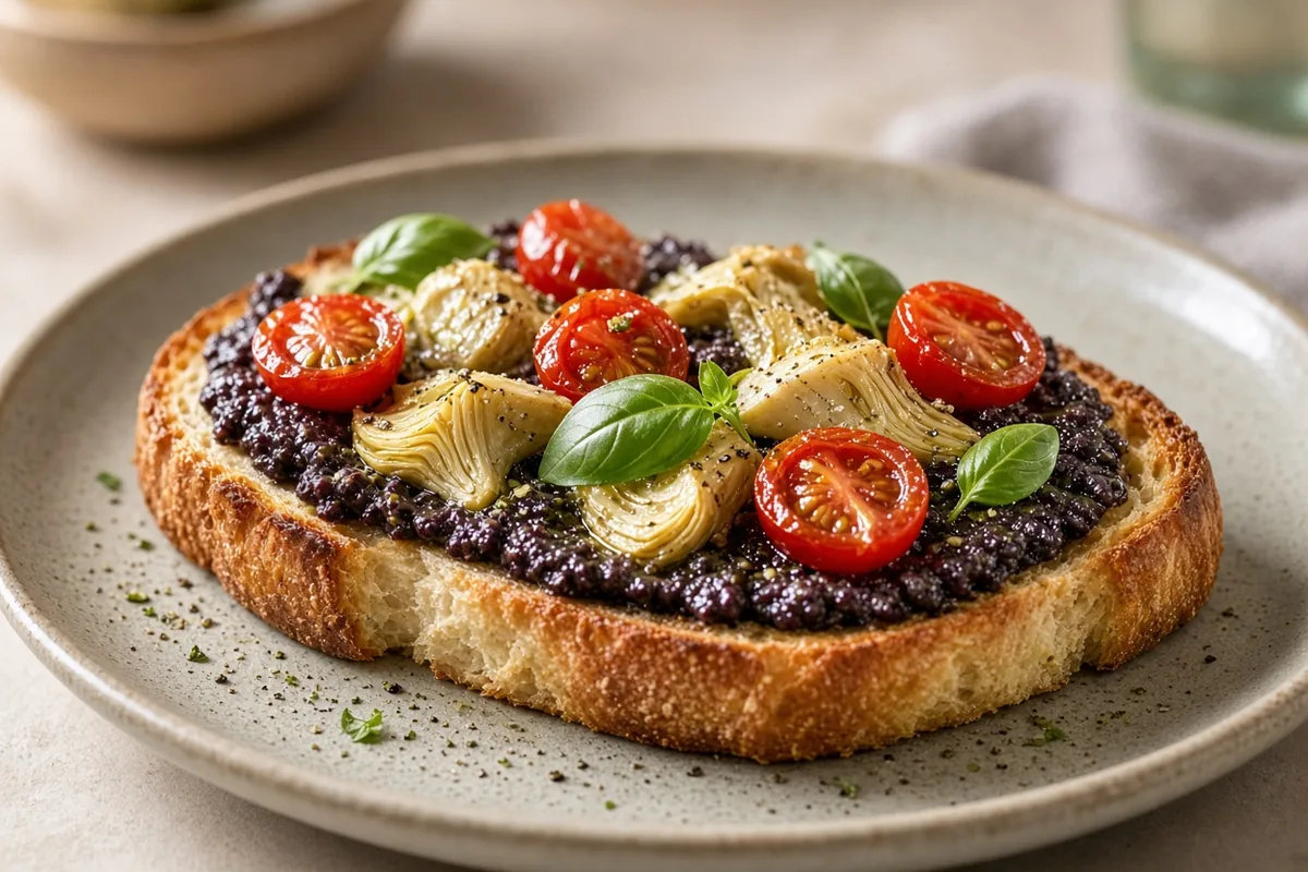 Plat : Tartine tapenade d’olives et artichauts